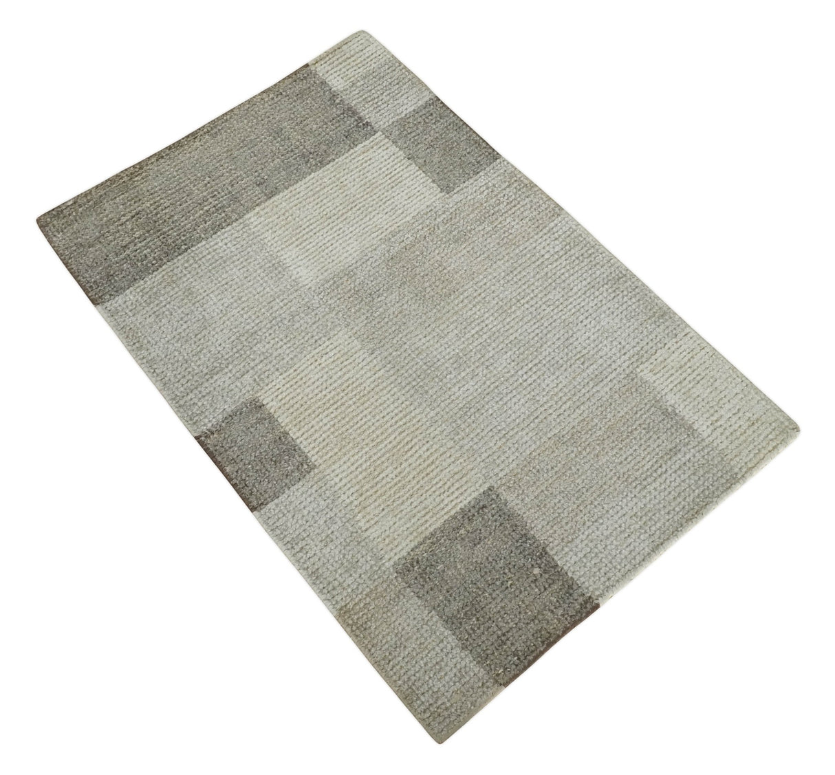 Modern Geometrical Hand knotted 2x3 Gray, Beige and Silver Area Rug