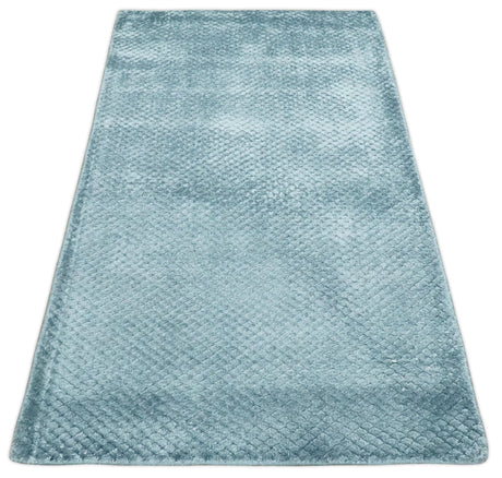 Modern Geometrical Hand Made 2x4 Aqua Blue Art Silk Area Rug