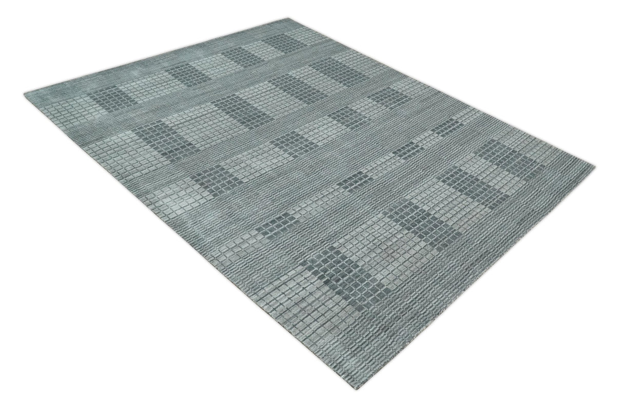 Modern Geometrical Hand Made 8x10 Charcoal, Gray and Silver Blended Wool Area Rug