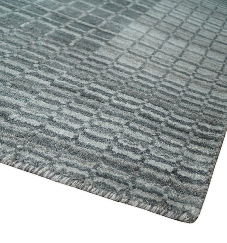 Modern Geometrical Hand Made 8x10 Charcoal, Gray and Silver Blended Wool Area Rug
