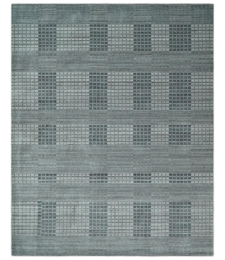 Modern Geometrical Hand Made 8x10 Charcoal, Gray and Silver Blended Wool Area Rug