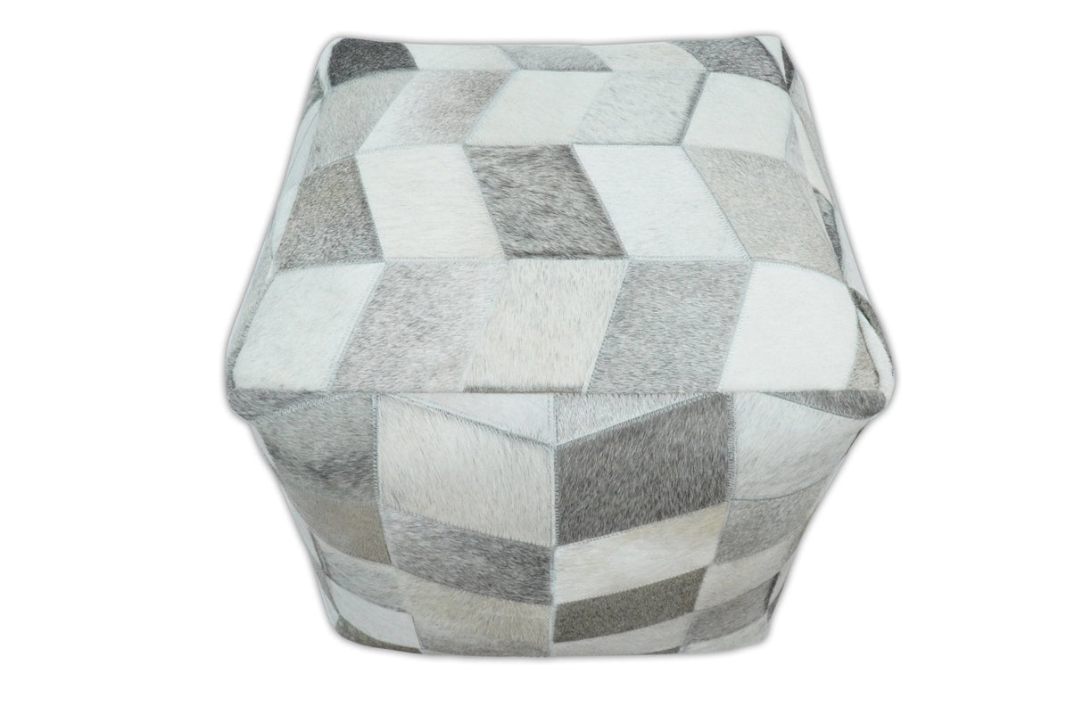 Modern Geometrical Ivory and Gray Genuine Leather Luxury Pouf