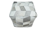 Modern Geometrical Ivory and Gray Genuine Leather Luxury Pouf