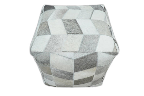 Modern Geometrical Ivory and Gray Genuine Leather Luxury Pouf