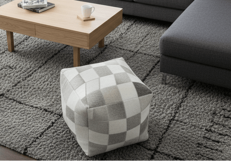 Modern Geometrical Ivory and Gray Genuine Leather Luxury Pouf