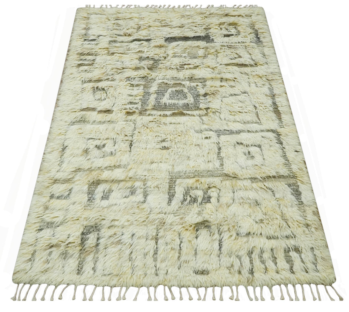 Modern Geometrical Ivory and Gray Texture 9x12 Moroccan Style Plush Pile wool Rug