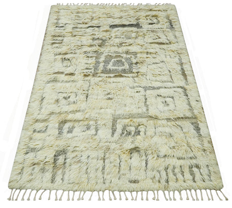 Modern Geometrical Ivory and Gray Texture 9x12 Moroccan Style Plush Pile wool Rug