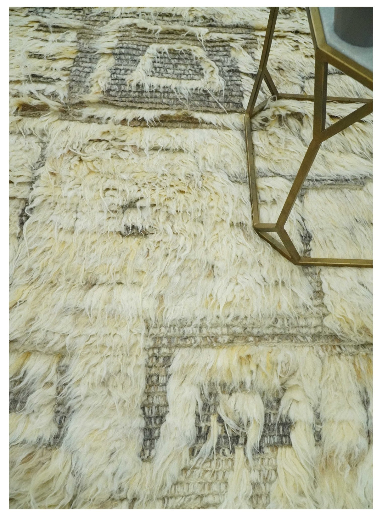 Modern Geometrical Ivory and Gray Texture 9x12 Moroccan Style Plush Pile wool Rug
