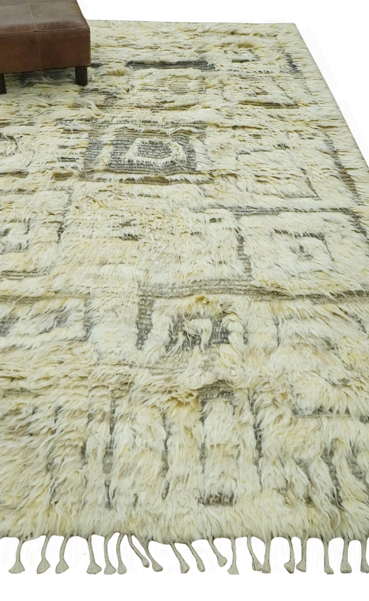 Modern Geometrical Ivory and Gray Texture 9x12 Moroccan Style Plush Pile wool Rug