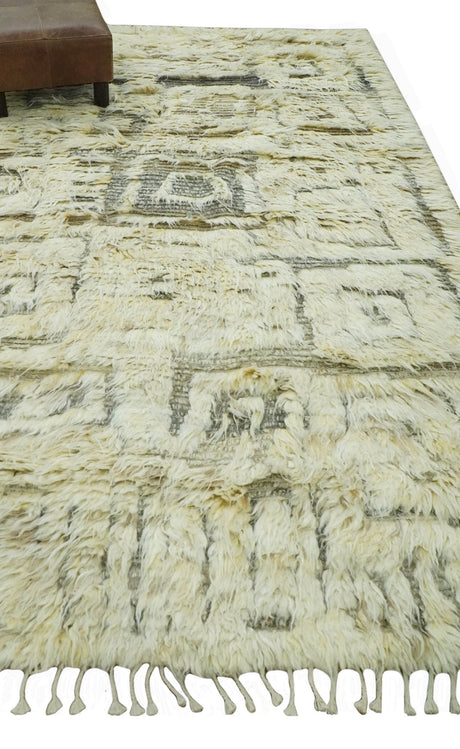 Modern Geometrical Ivory and Gray Texture 9x12 Moroccan Style Plush Pile wool Rug