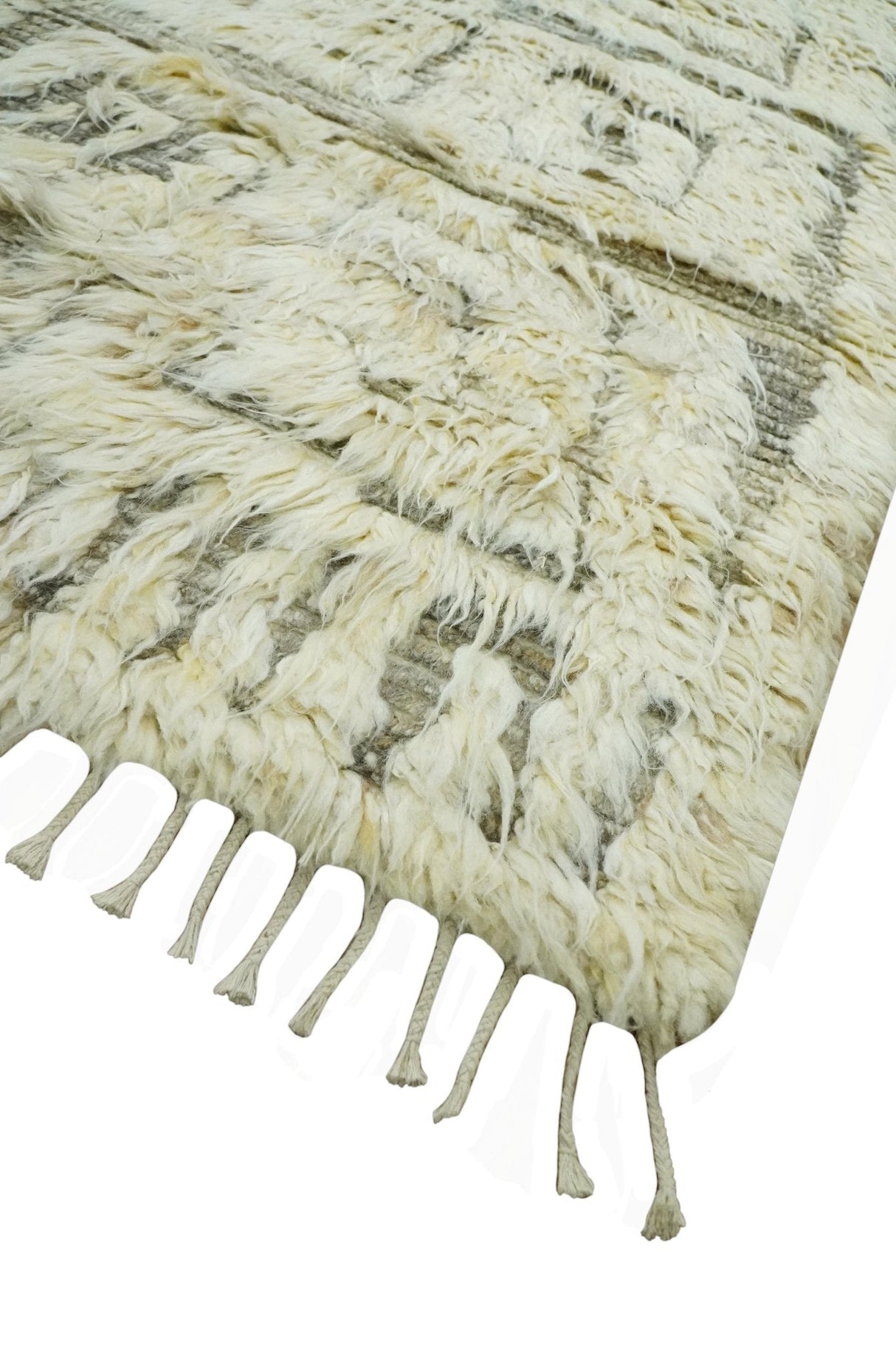 Modern Geometrical Ivory and Gray Texture 9x12 Moroccan Style Plush Pile wool Rug