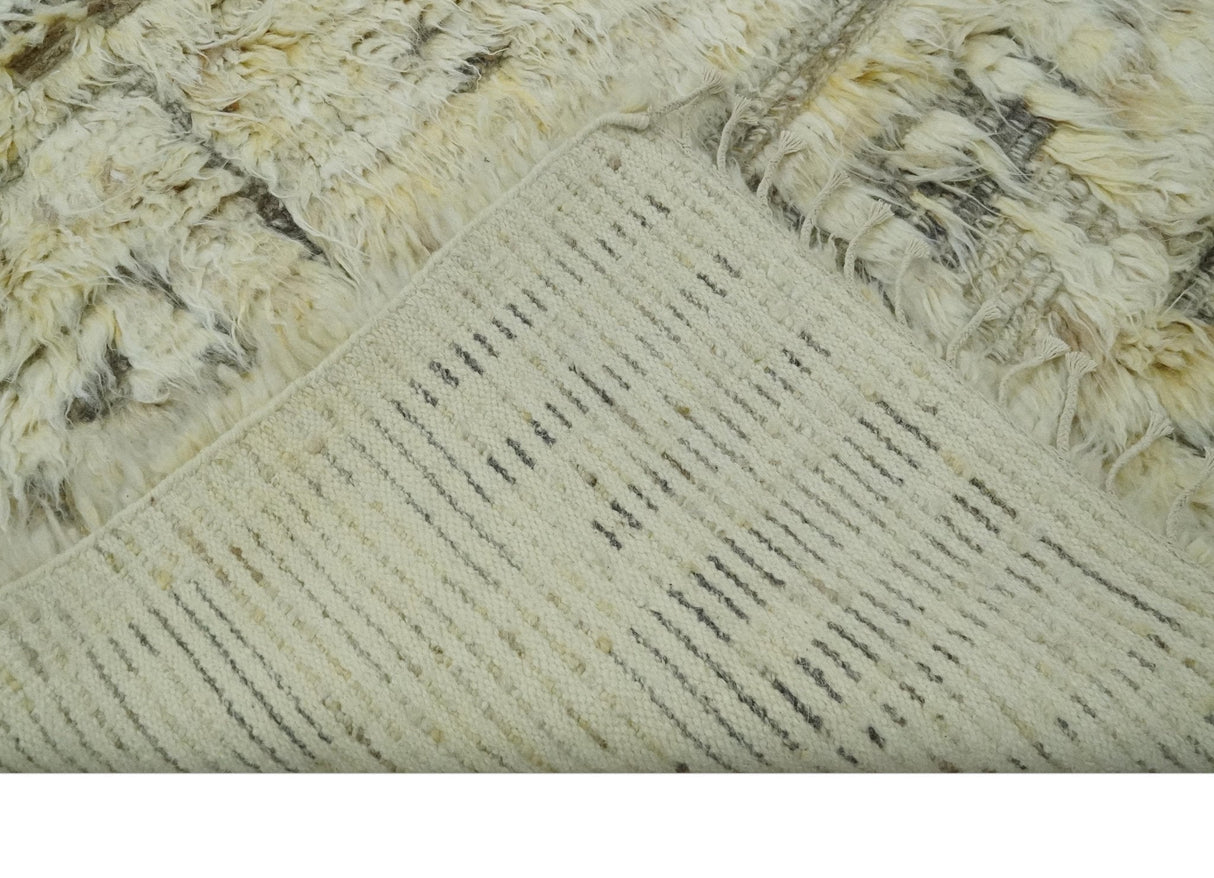 Modern Geometrical Ivory and Gray Texture 9x12 Moroccan Style Plush Pile wool Rug