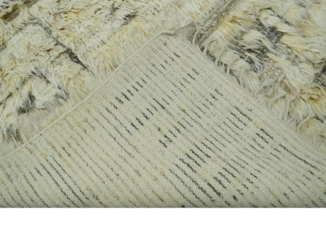 Modern Geometrical Ivory and Gray Texture 9x12 Moroccan Style Plush Pile wool Rug