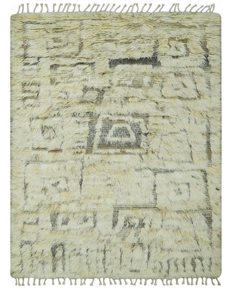 Modern Geometrical Ivory and Gray Texture 9x12 Moroccan Style Plush Pile wool Rug