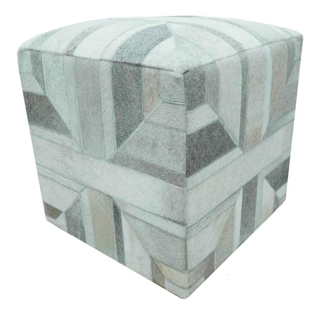 Modern Geometrical Ivory, Gray, Beige Genuine Leather Pouf