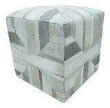 Modern Geometrical Ivory, Gray, Beige Genuine Leather Pouf