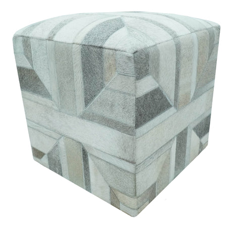 Modern Geometrical Ivory, Gray, Beige Genuine Leather Pouf