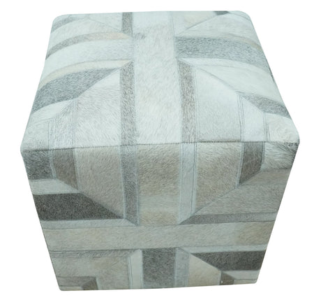 Modern Geometrical Ivory, Gray, Beige Genuine Leather Pouf