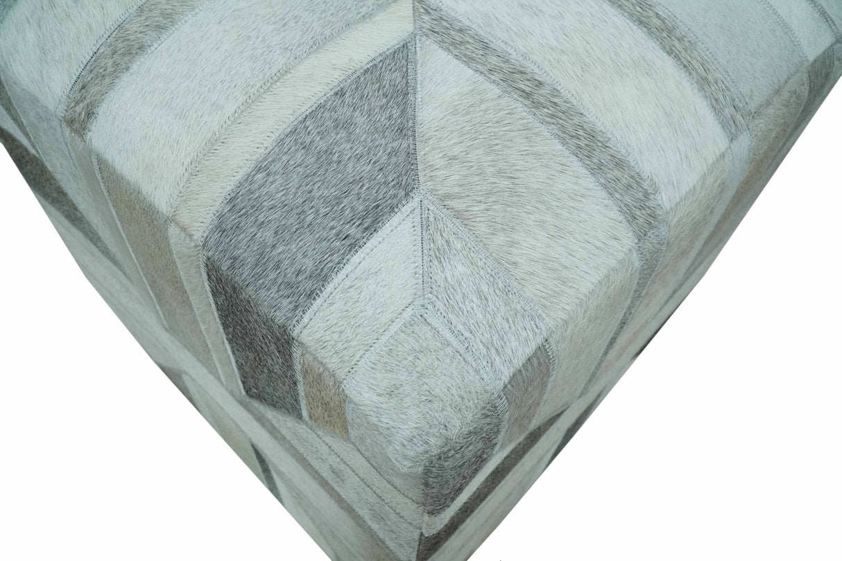 Modern Geometrical Ivory, Gray, Beige Genuine Leather Pouf