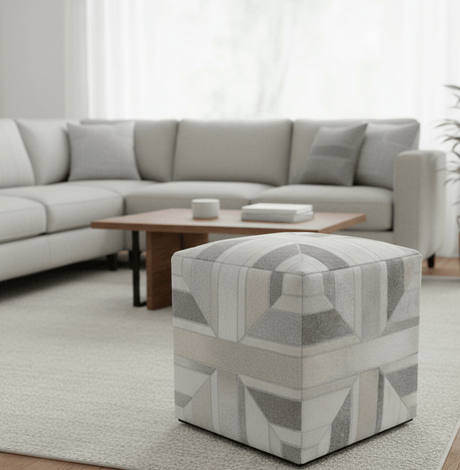 Modern Geometrical Ivory, Gray, Beige Genuine Leather Pouf