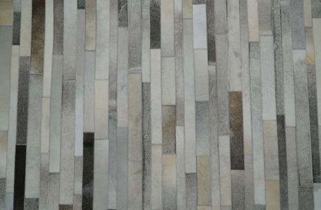 Modern Geometrical Leather Striped Silver and Ivory Leather Custom Made Area Rug