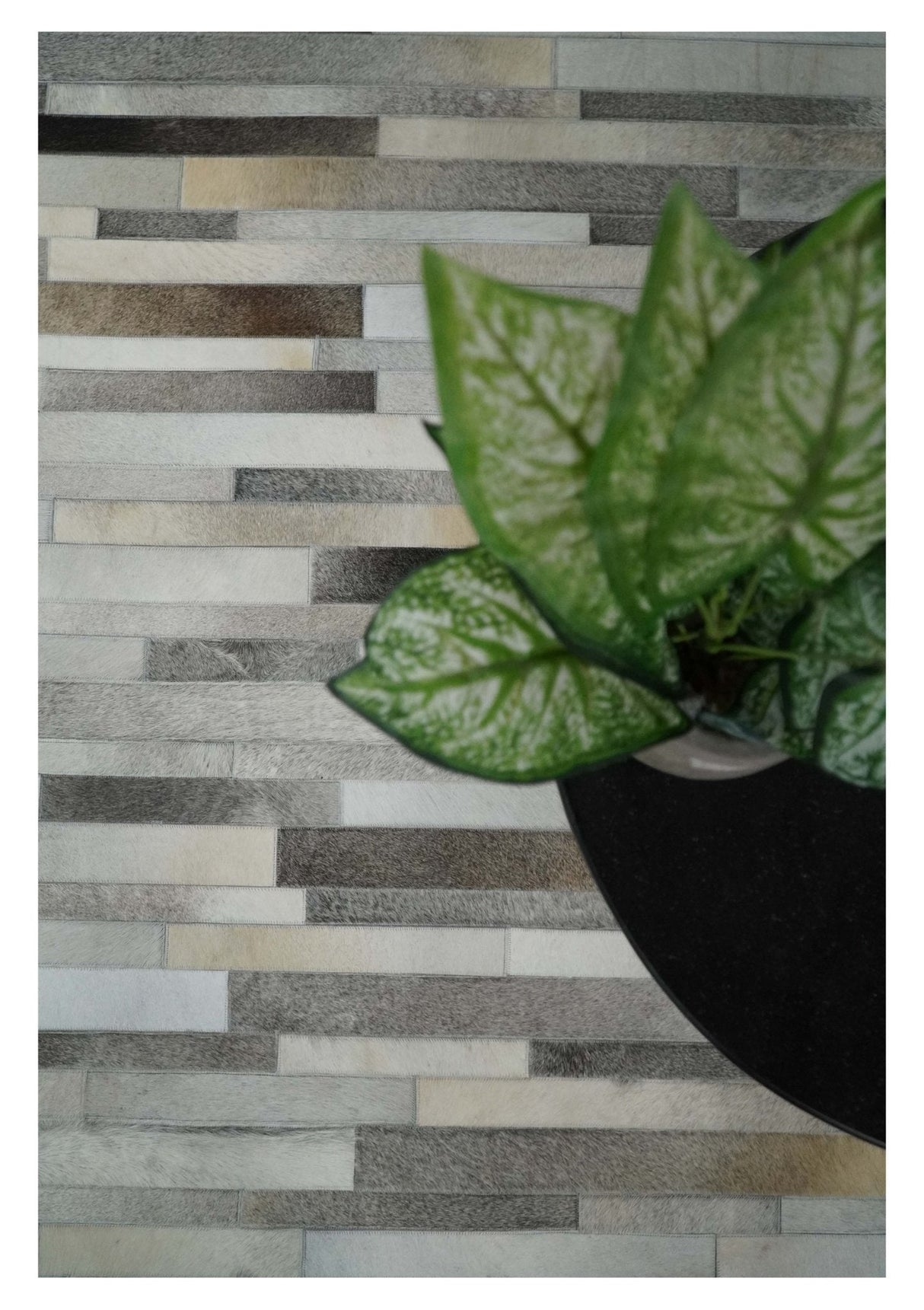Modern Geometrical Leather Striped Silver and Ivory Leather Custom Made Area Rug