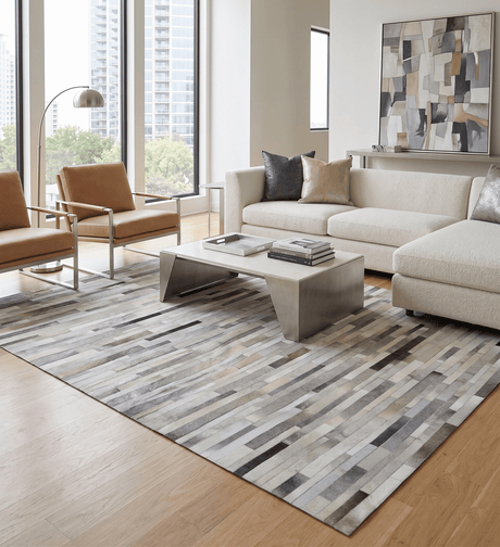 Modern Geometrical Leather Striped Silver and Ivory Leather Custom Made Area Rug