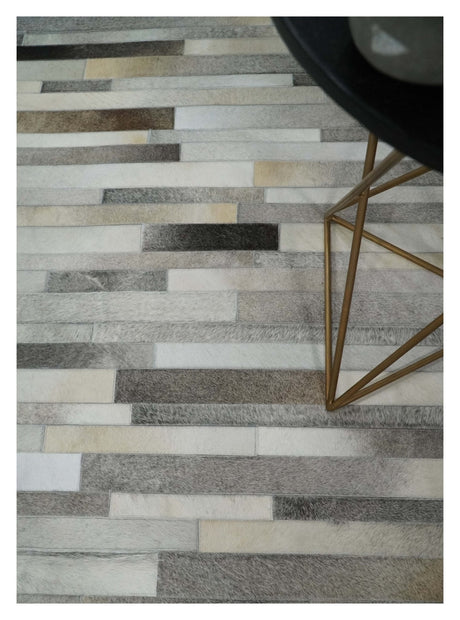 Modern Geometrical Leather Striped Silver and Ivory Leather Custom Made Area Rug