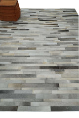 Modern Geometrical Leather Striped Silver and Ivory Leather Custom Made Area Rug