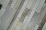 Modern Geometrical Leather Striped Silver and Ivory Leather Custom Made Area Rug