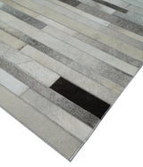 Modern Geometrical Leather Striped Silver and Ivory Leather Custom Made Area Rug