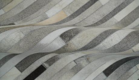 Modern Geometrical Leather Striped Silver and Ivory Leather Custom Made Area Rug