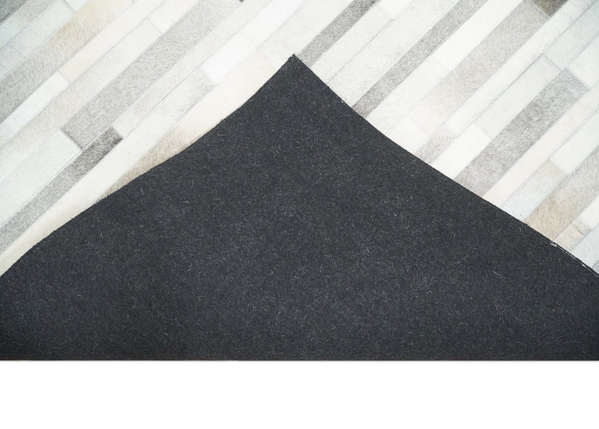 Modern Geometrical Leather Striped Silver and Ivory Leather Custom Made Area Rug