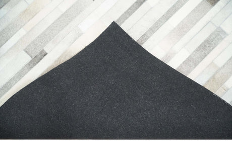 Modern Geometrical Leather Striped Silver and Ivory Leather Custom Made Area Rug