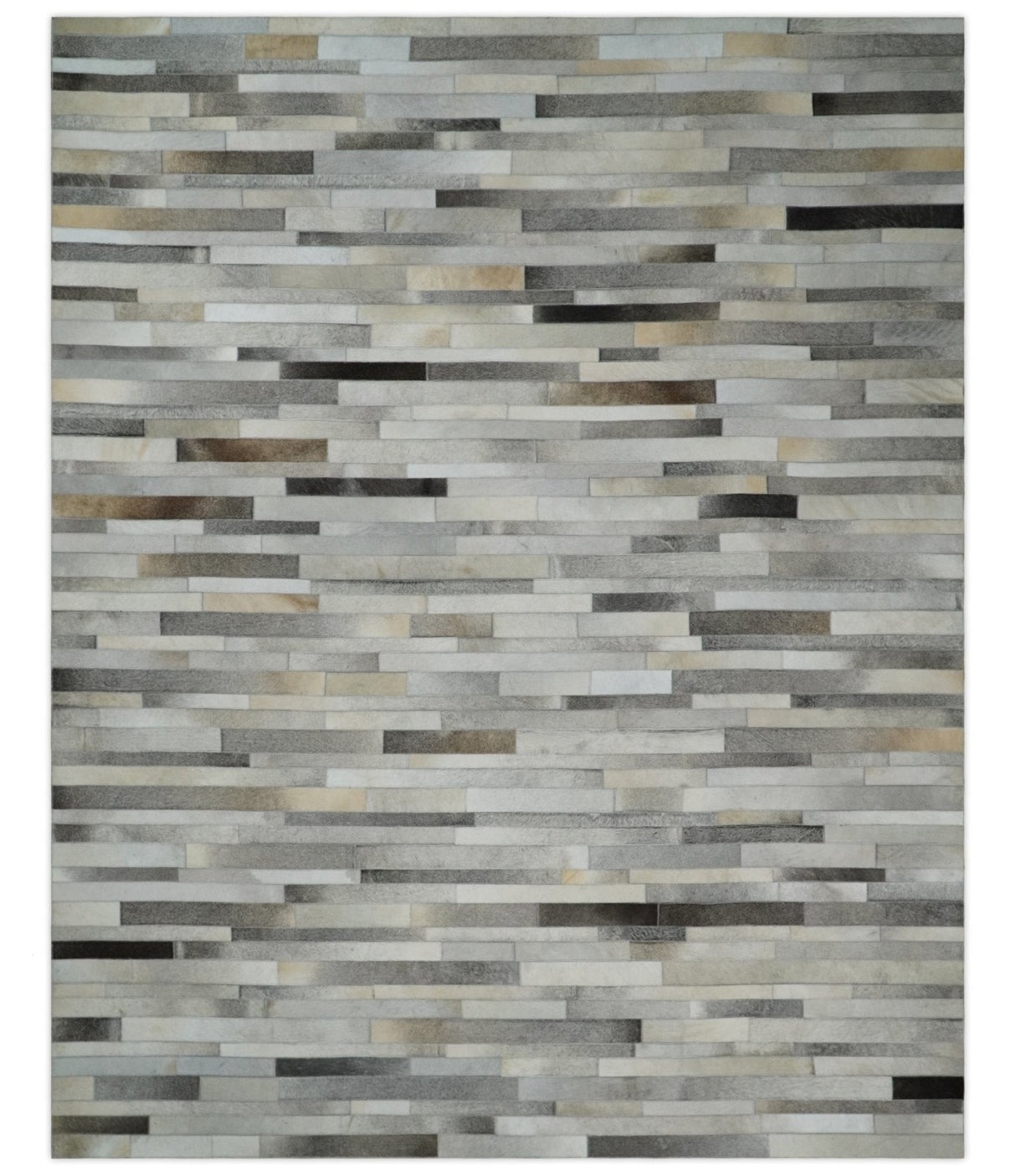 Modern Geometrical Leather Striped Silver and Ivory Leather Custom Made Area Rug
