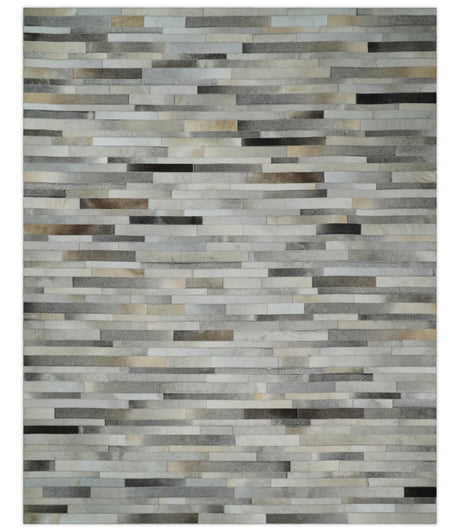 Modern Geometrical Leather Striped Silver and Ivory Leather Custom Made Area Rug