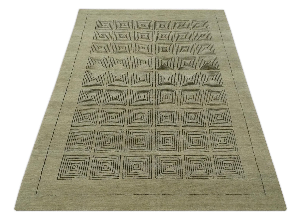 Modern Geometrical Olive and Charcoal Hand loom 5x7 Wool and Art Silk Area Rug-Area Rug-Parc Decor
