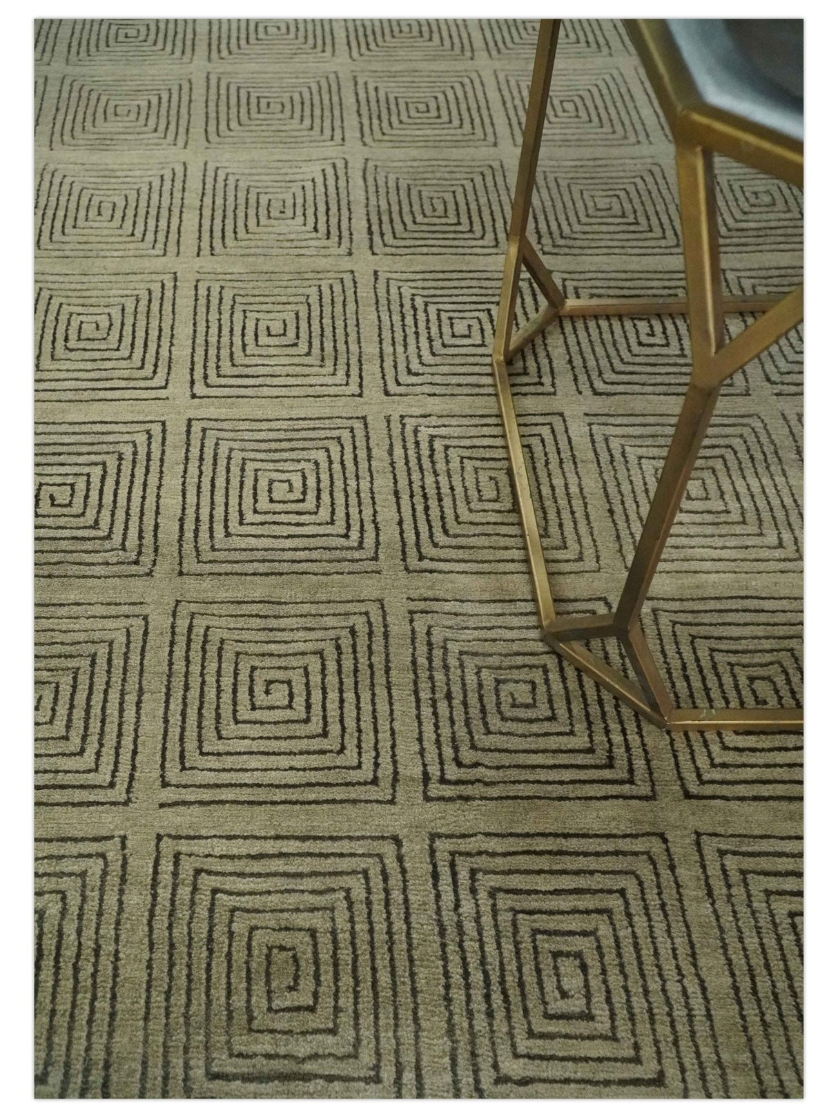 Modern Geometrical Olive and Charcoal Hand loom 5x7 Wool and Art Silk Area Rug-Area Rug-Parc Decor