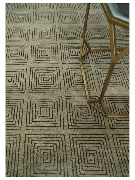 Modern Geometrical Olive and Charcoal Hand loom 5x7 Wool and Art Silk Area Rug-Area Rug-Parc Decor