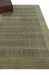 Modern Geometrical Olive and Charcoal Hand loom 5x7 Wool and Art Silk Area Rug-Area Rug-Parc Decor