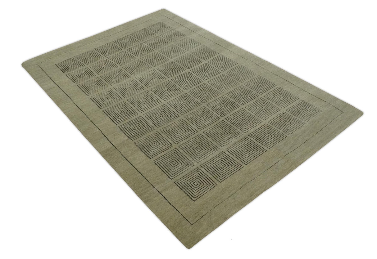 Modern Geometrical Olive and Charcoal Hand loom 5x7 Wool and Art Silk Area Rug-Area Rug-Parc Decor