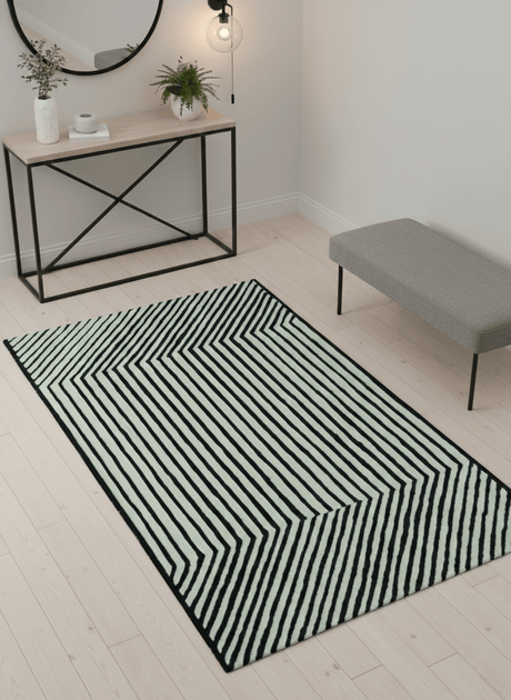 Modern Geometrical Pattern Black And White Hand Tufted Custom Made wool rug