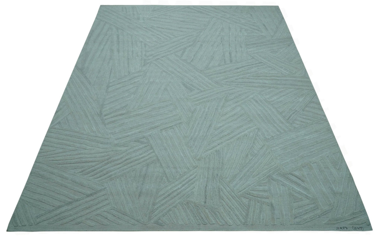 Modern Geometrical Pattern Ivory and Silver Hand Knotted 10x13 Wool Rug