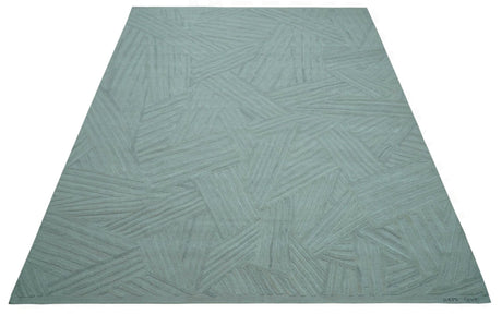 Modern Geometrical Pattern Ivory and Silver Hand Knotted 10x13 Wool Rug