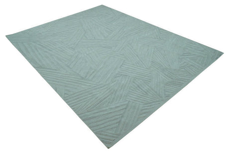 Modern Geometrical Pattern Ivory and Silver Hand Knotted 10x13 Wool Rug