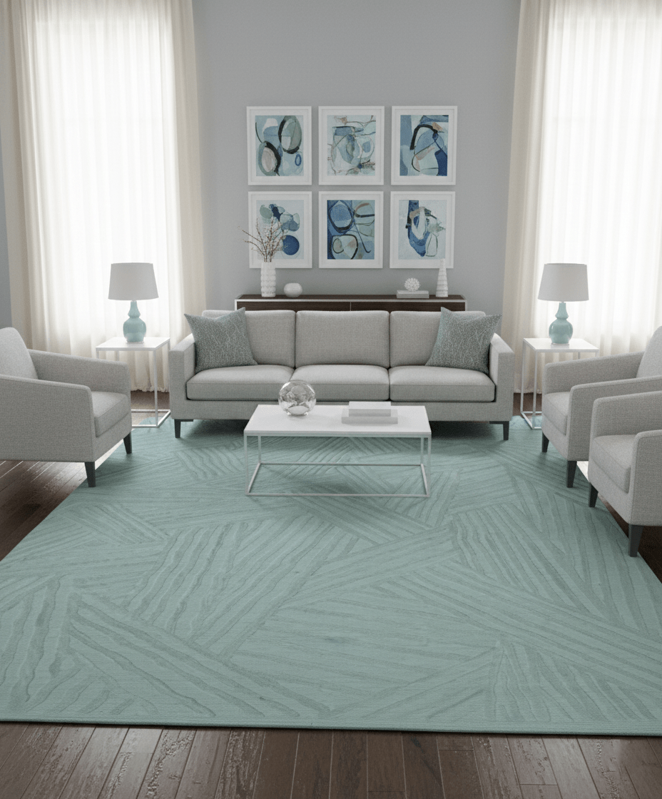 Modern Geometrical Pattern Ivory and Silver Hand Knotted 10x13 Wool Rug