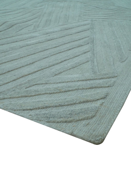 Modern Geometrical Pattern Ivory and Silver Hand Knotted 10x13 Wool Rug
