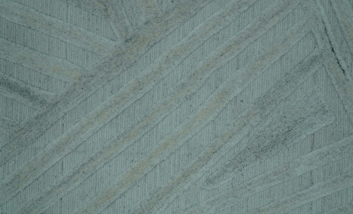 Modern Geometrical Pattern Ivory and Silver Hand Knotted 10x13 Wool Rug