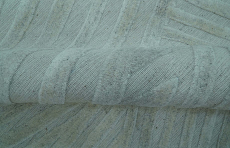 Modern Geometrical Pattern Ivory and Silver Hand Knotted 10x13 Wool Rug