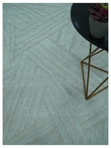 Modern Geometrical Pattern Ivory and Silver Hand Knotted 10x13 Wool Rug